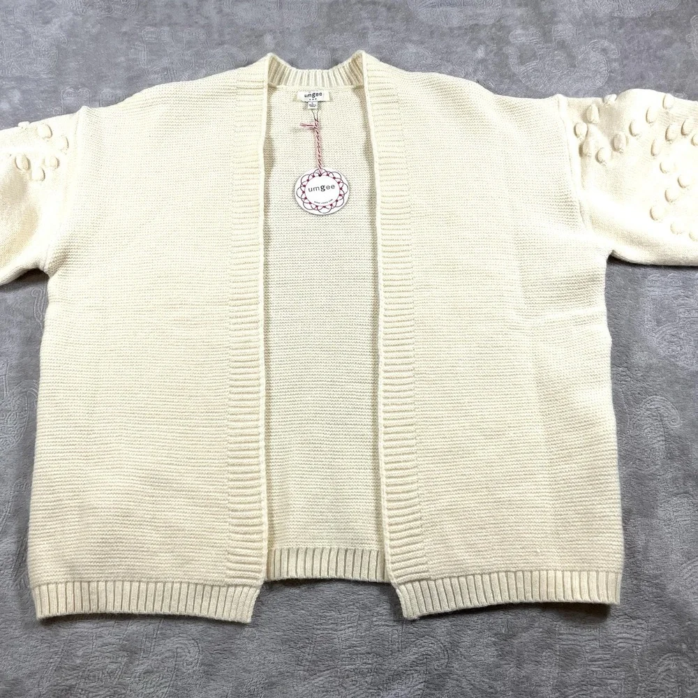 Umgee Ivory Open Front Cardigan Balloon Sleeves‎ Pom Pom's LRG NWT - Picture 5 of 7